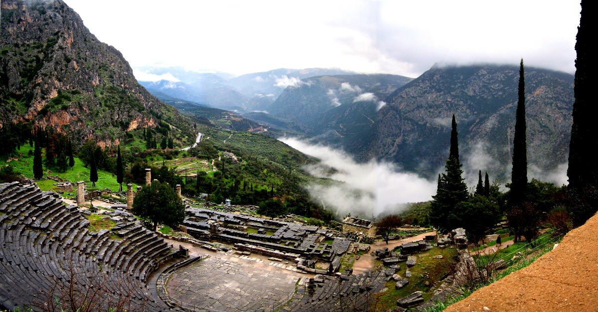 View of the Theater and Temple of Apollo at Delphi, Greece. History comes alive.
