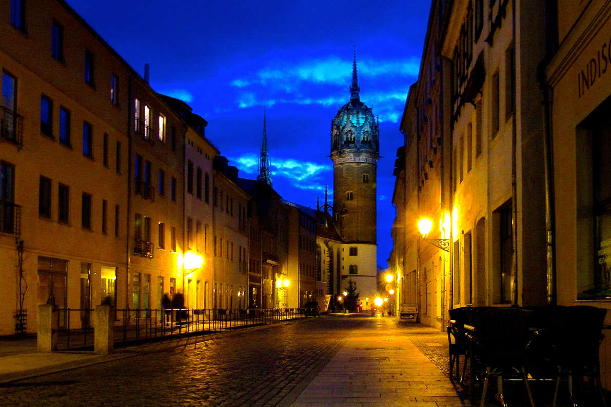 Night view of the streets of Wittenberg, Germany.