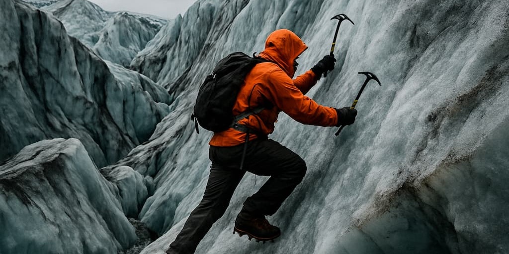 A determined ice climber in an orange jacket and black backpack ascends a steep, jagged glacier wall using ice axes, surrounded by dramatic blue-toned ice formations under a cloudy sky.