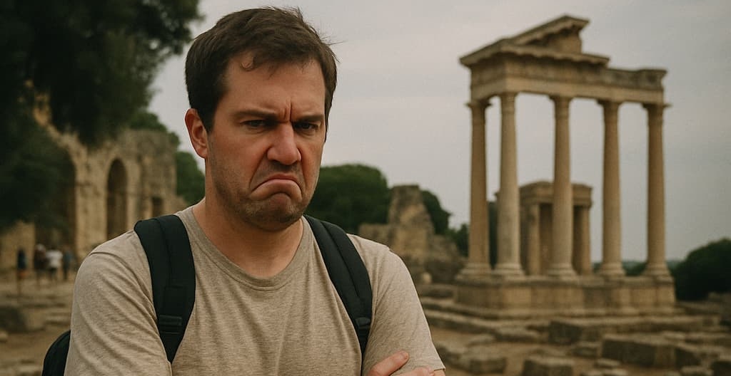 Frustrated tourist standing at ancient ruins, symbolizing how mindset shapes travel experiences more than circumstances.