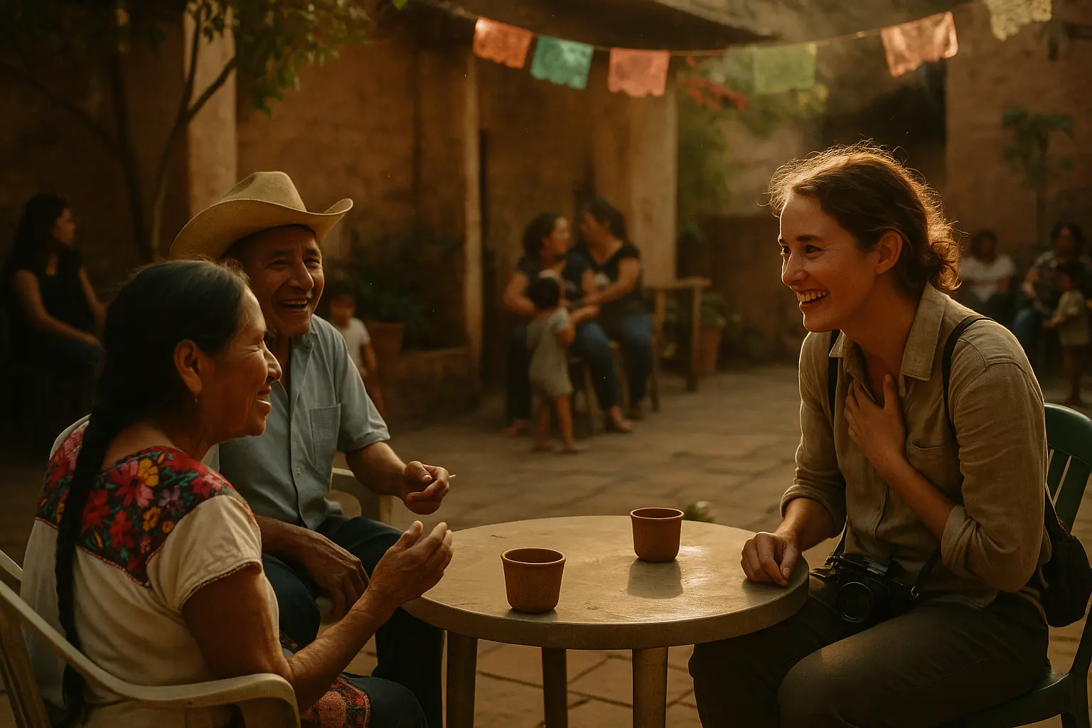 A smiling traveler shares a warm moment with local elders over tea, showing how a courageous travel mindset fosters deep human connections. 