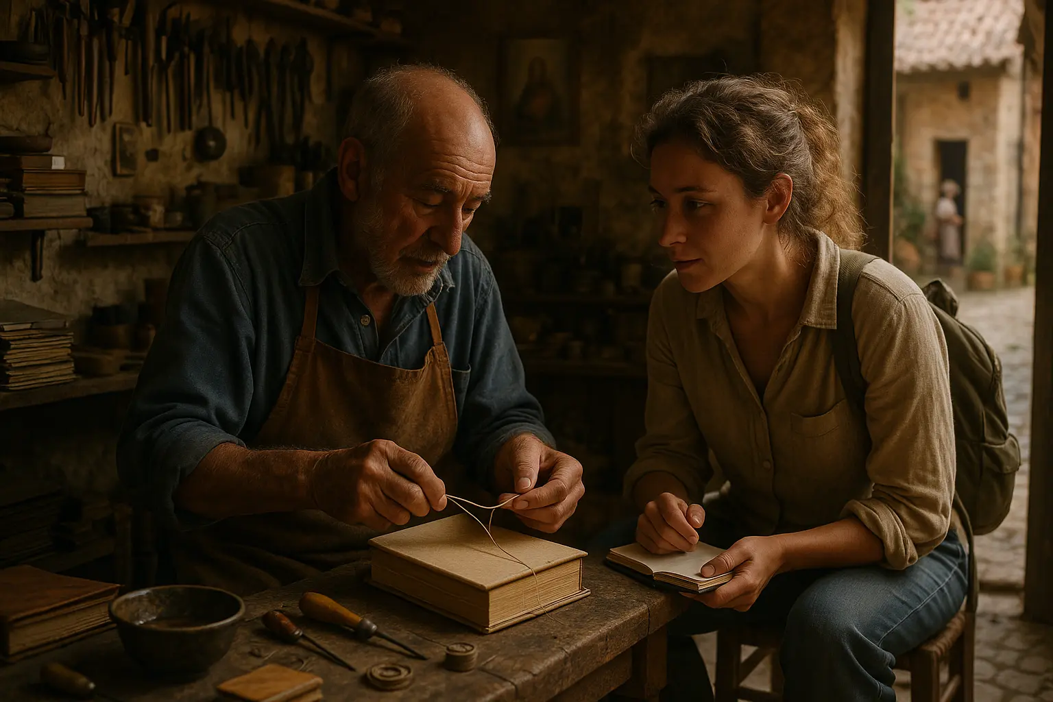 An elderly artisan teaches a young traveler how to bind a book, capturing a moment of open-mindedness, curiosity, and cultural exchange.