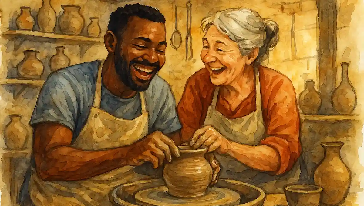 Young traveler learning traditional pottery from elderly local artisan in workshop filled with clay vessels, both laughing joyfully while shaping clay on pottery wheel, representing genuine cultural exchange through shared passion 