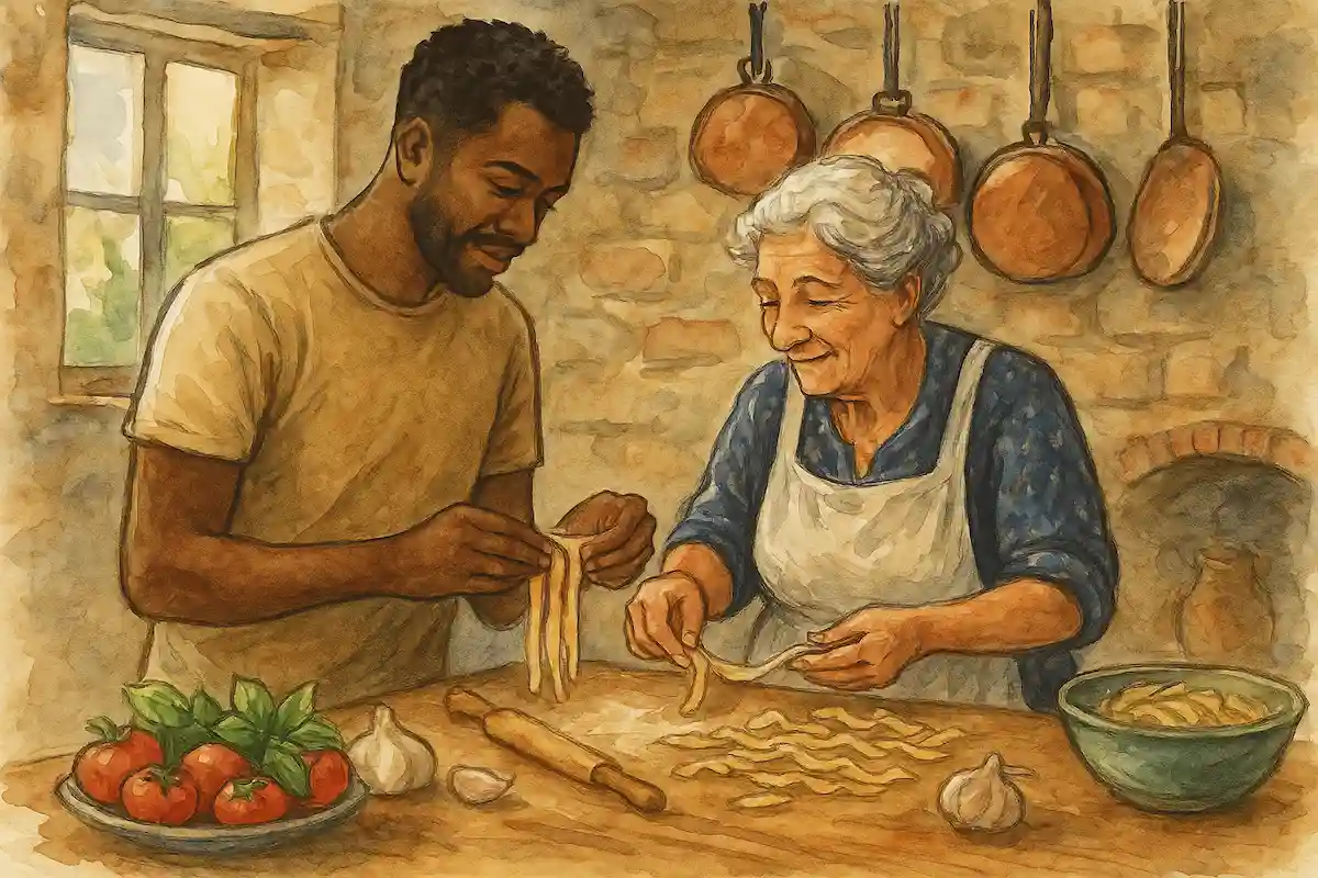 Young traveler learning traditional pasta-making techniques from elderly local woman in rustic kitchen with stone walls, copper pots, and fresh ingredients, representing skill-building cultural experiences