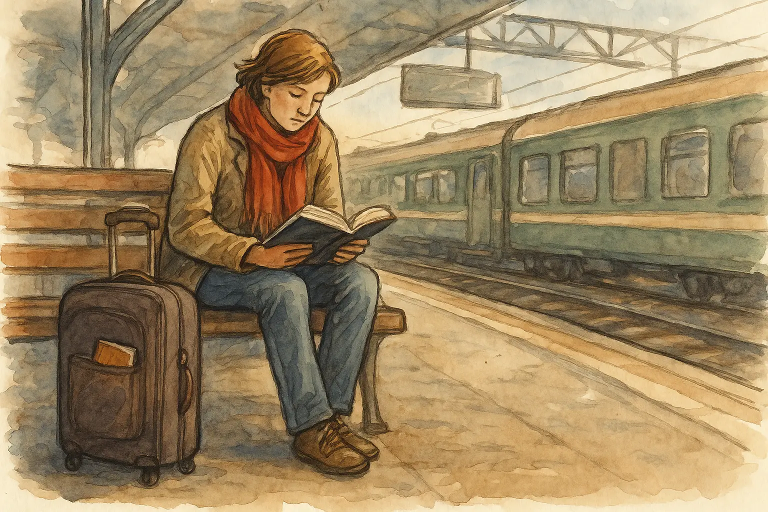 Traveler with luggage sitting on train station bench reading cultural guidebook with focused concentration, representing the realization that preparation should have started much earlier