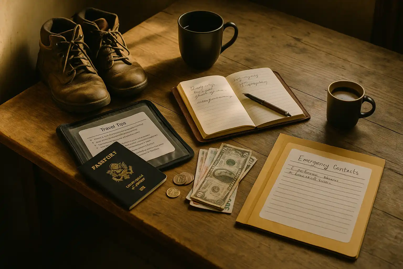  Organized travel planning workspace with passport, cash, emergency contacts list, tablet with travel tips, notebook, hiking boots, and coffee cups on rustic wooden table