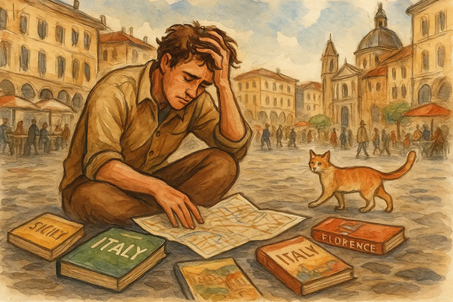 Stressed traveler sitting overwhelmed in Italian piazza surrounded by multiple guidebooks and maps, head in hand showing travel planning anxiety, with curious cat nearby