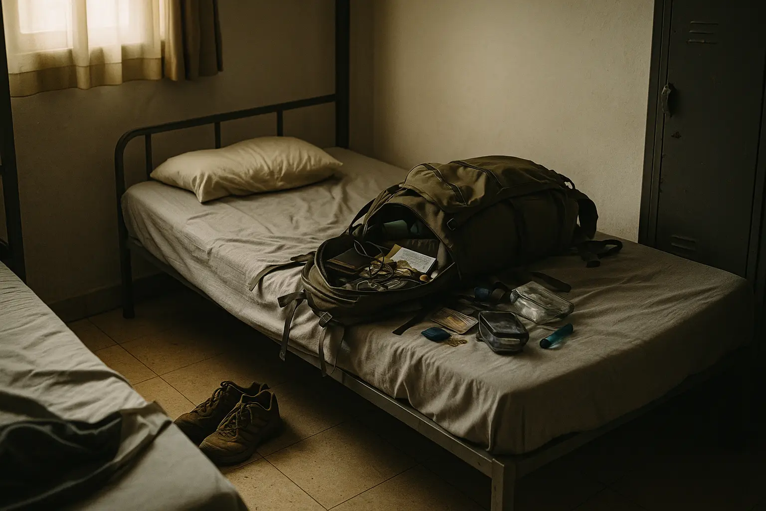 Open backpack with belongings, electronics, and travel items scattered on simple hostel bunk bed, with hiking boots on floor, suggesting transient budget travel lifestyle