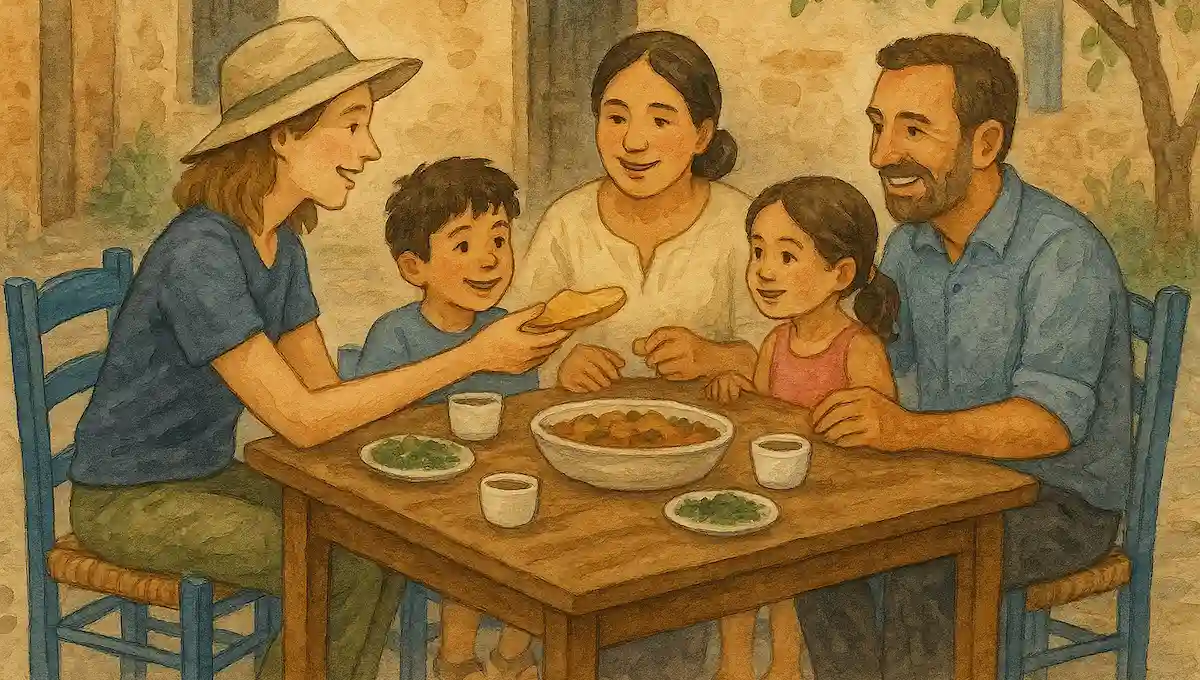 Female traveler in hat sharing home-cooked meal with local family including children around rustic wooden table in Mediterranean courtyard setting, representing authentic cultural exchange through budget dining choices