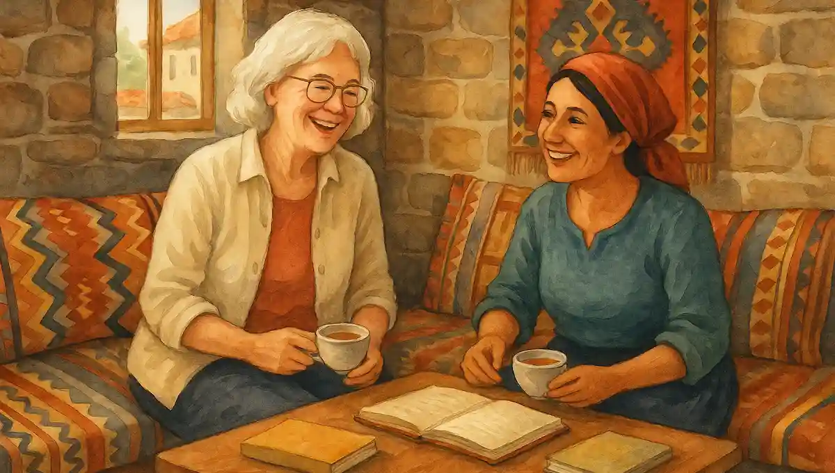  Elderly Western woman with glasses and local woman in traditional headscarf sharing tea and conversation over open books in cozy stone home with traditional textiles, representing meaningful cultural exchange through intentional travel 