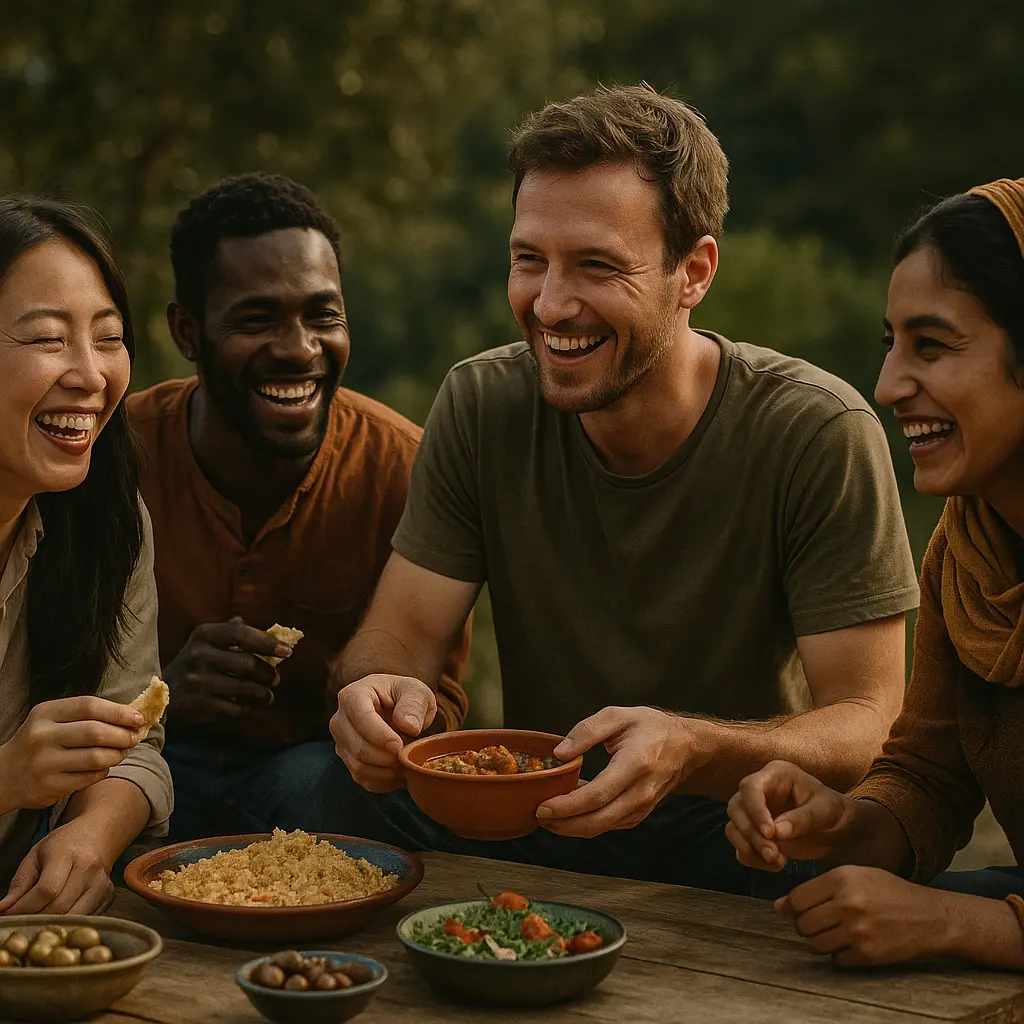 Diverse group of friends from different backgrounds sharing meal together outdoors, genuine laughter and connection evident
