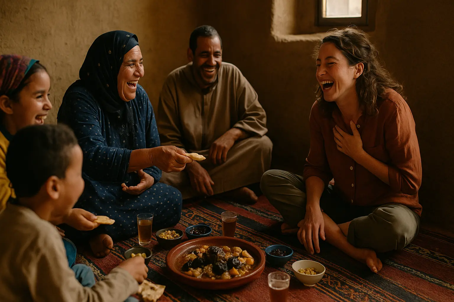 Western female traveler sharing traditional meal and laughter with Moroccan family in warm, intimate home setting