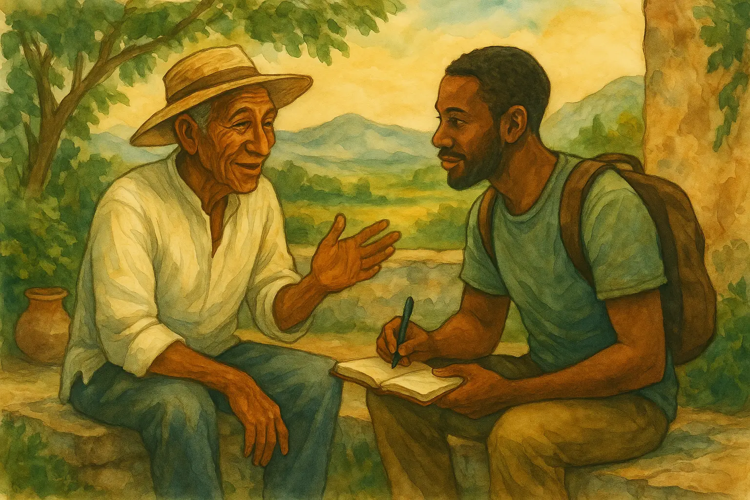 Young traveler listening intently to elderly local sharing traditional stories or knowledge in comfortable, respectful setting